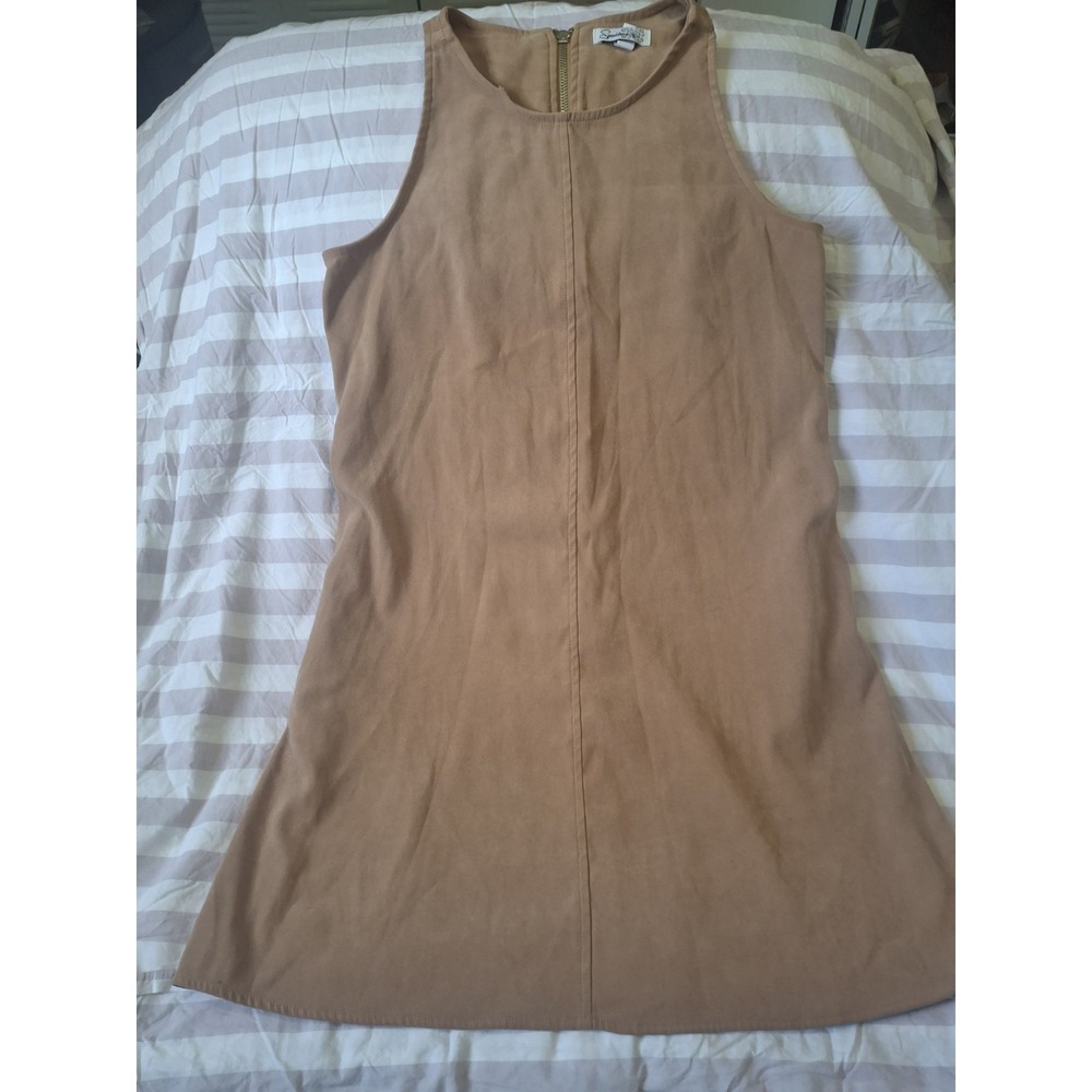 Speckless Faux Suede Sleeveless Shift Dress Tan Camel Brown with Pockets Small
